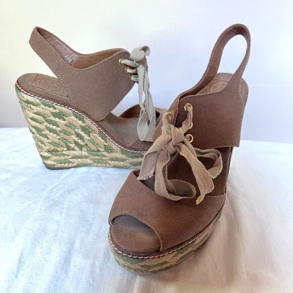 Tory Burch Linley Wedge Espadrille Sandals Tan Canvas Camo Jute Platform Size 8 - Picture 1 of 10